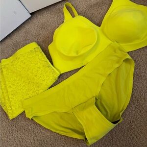 Knix Neon Yellow 3 piece set: bra, underwear, and anti chaffing shorts
